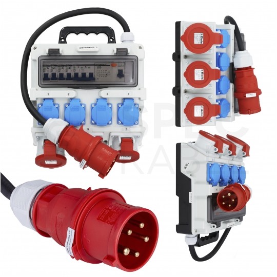 Rozdzielnica budowlana TR-S/FI hermetyczna IP44 Wyposażona + 32A/[5P] + 2x16A/[5P] + 4x230V/[2P+Z] + wtyk 32A/[5P] DOKTORVOLT DV-1437-F