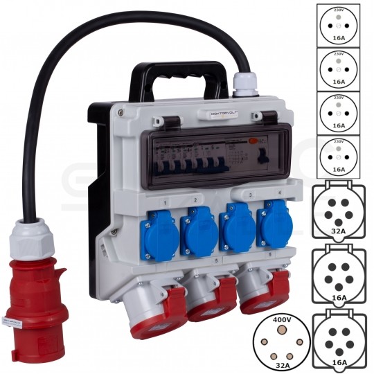 Rozdzielnica budowlana TR-S/FI hermetyczna IP44 Wyposażona + 3x gniazdo siłowe [5p] (400V 32A + 2x16A) + 4x gniazdo [2P+Z] (230V 16A) + wtyk siłowy [5P] (400V 32A) DOKTORVOLT DV-1437-F
