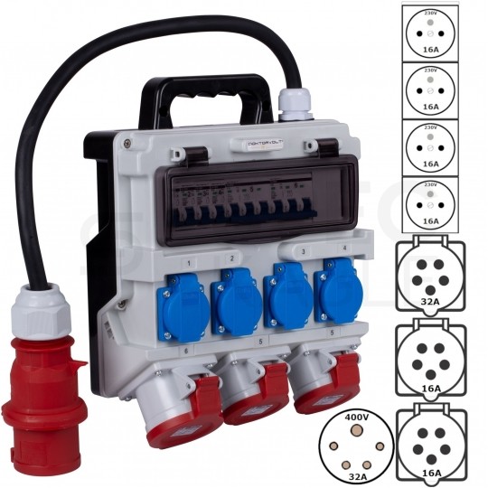 Rozdzielnica budowlana TR-S hermetyczna IP44 Wyposażona + 3x gniazdo siłowe [5p] (400V 32A + 2x16A) + 4x gniazdo [2P+Z] (230V 16A) + wtyk siłowy [5P] (400V 32A) DOKTORVOLT DV-1420-F
