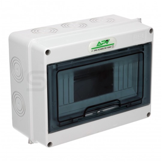 Rozdzielnica natynkowa hermetyczna APV-RH-08 1x8 modułów (690V AC / 1000V DC) IP65 201x155x91mm drzwi transparentne APV