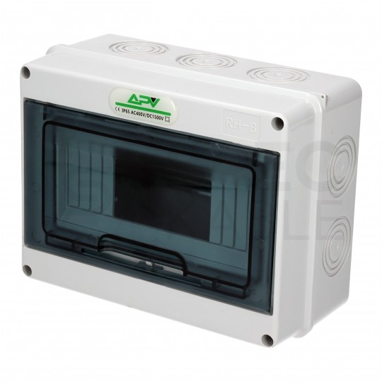 Rozdzielnica natynkowa hermetyczna APV-RH-08 1x8 modułów (690V AC / 1000V DC) IP65 201x155x91mm drzwi transparentne APV