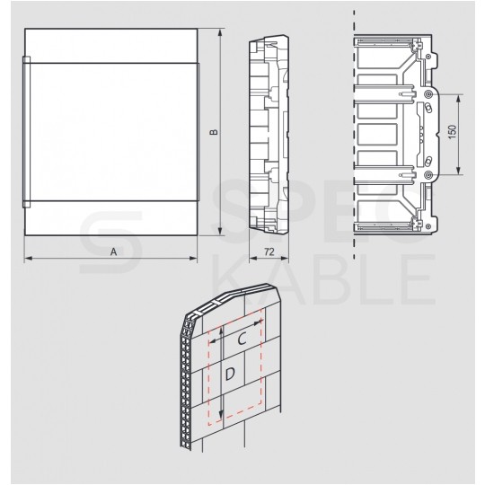 Rozdzielnica podtynkowa PRACTIBOX 4x18 modułów IP40 761x432x72mm drzwi transparentne dymne LEGRAND