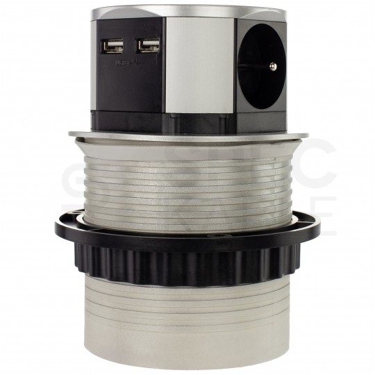 Rozgałęźnik meblowy na 3 gniazda [2P+Z] 230V 16A + 2x USB A (5V / 2,4A) okrągły aluminiowy wpuszczany w blat TETRA BOX 1,4m