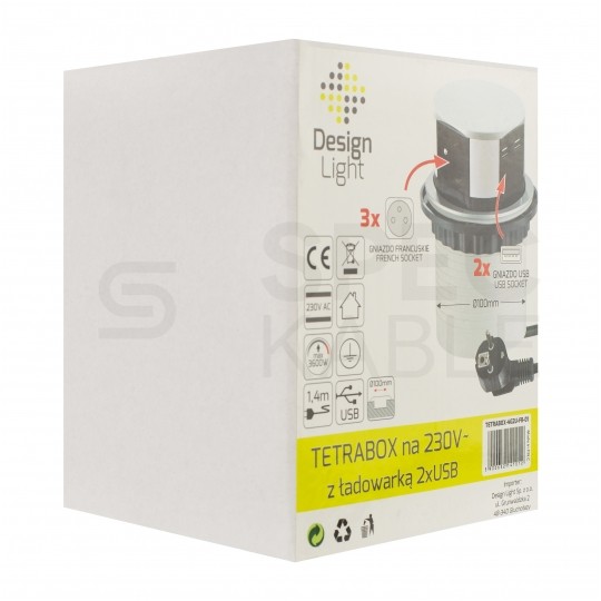 Rozgałęźnik meblowy na 3 gniazda [2P+Z] 230V 16A + 2x USB A (5V / 2,4A) okrągły aluminiowy wpuszczany w blat TETRA BOX 1,4m