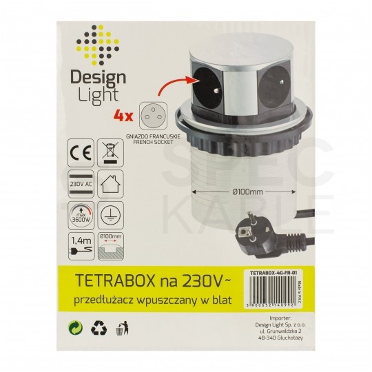 Rozgałęźnik meblowy na 4 gniazda [2P+Z] 230V 16A okrągły aluminiowy wpuszczany w blat TETRA BOX 1,4m