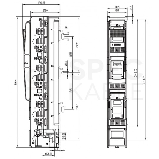 Rozłącznik bezpiecznikowy listwowy 185mm 1000A NH2 TM3 V klema 3 polowy HEDO WTS1000T
