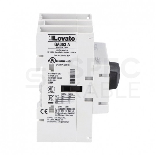 Rozłącznik izolacyjny z pokrętłem 63A 30kW 3-biegunowy 3P (690V AC) GA063A LOVATO