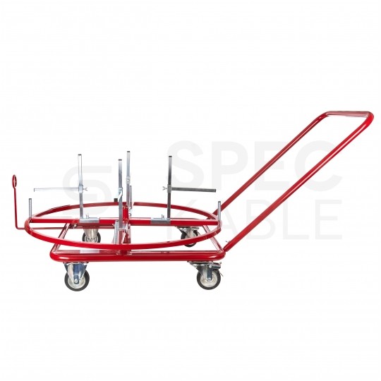 Rozwijak mobilny stalowy do rur ogrzewania podłogowego PERT PEX (400m) i peszli karbowanych, poziomy na wózku na kołach fi: 90cm