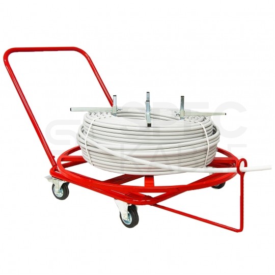 Rozwijak mobilny stalowy do rur ogrzewania podłogowego PERT PEX (400m) i peszli karbowanych, poziomy na wózku na kołach fi: 90cm