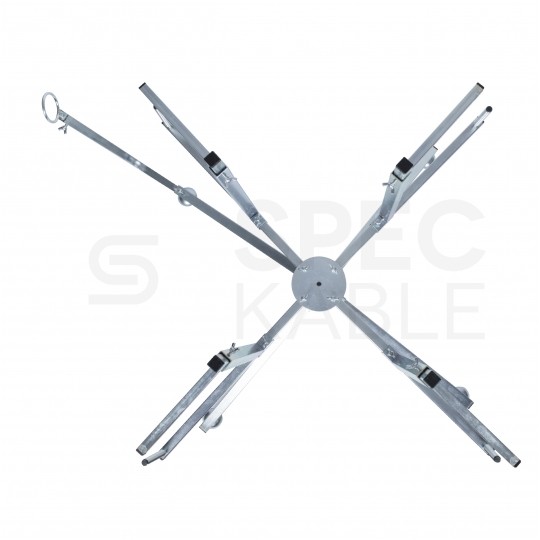 Rozwijak składany stalowy ocynkowany do rur ogrzewania podłogowego PERT PEX (600m) i peszli karbowanych w zestawie z prowadnicą i skrzynką narzędziową fi: 100cm