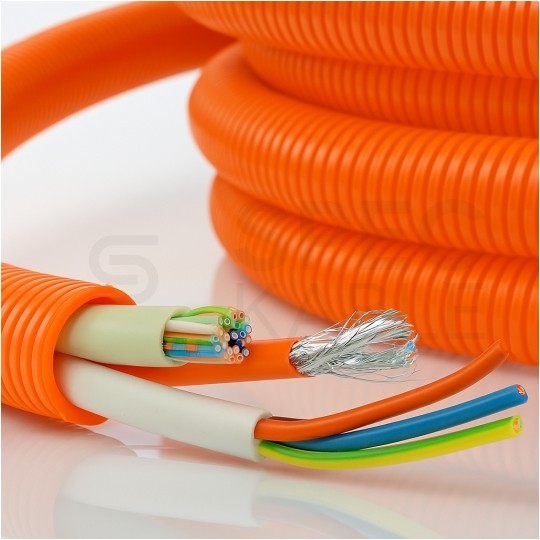 Rura karbowana elektroinstalacyjna 20/14,1mm giętka peszel z pilotem i smarowaniem 320N bezhalogenowa, pomarańczowa 100m TUBIFOR