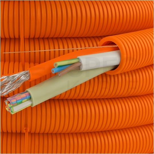 Rura karbowana elektroinstalacyjna 32/24,2mm giętka peszel z pilotem i smarowaniem 320N bezhalogenowa, pomarańczowa 50m TUBIFOR