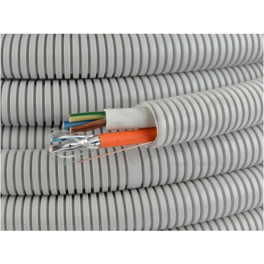 Rura karbowana elektroinstalacyjna RKGL 20/15mm giętka samogasnąca peszel z pilotem 320N PVC UV szara 50m