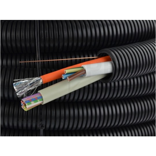 Rura karbowana elektroinstalacyjna RKGS 20/15mm giętka samogasnąca peszel z pilotem 750N PVC UV czarna 25m