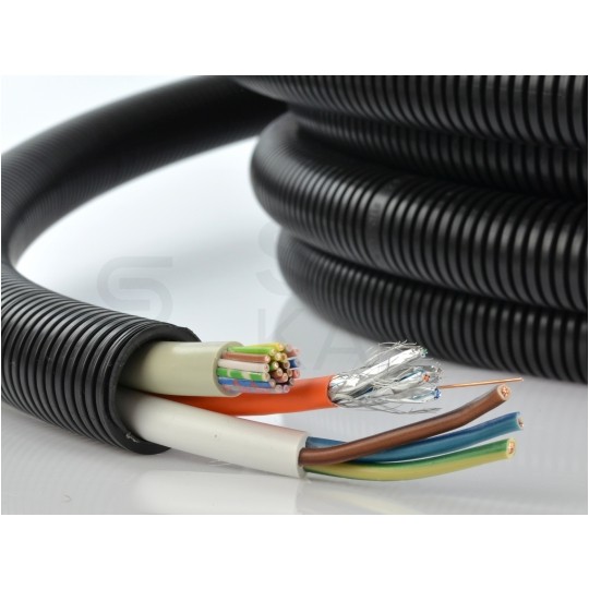 Rura karbowana elektroinstalacyjna RKGS 20/15mm giętka samogasnąca peszel z pilotem 750N PVC UV czarna 25m