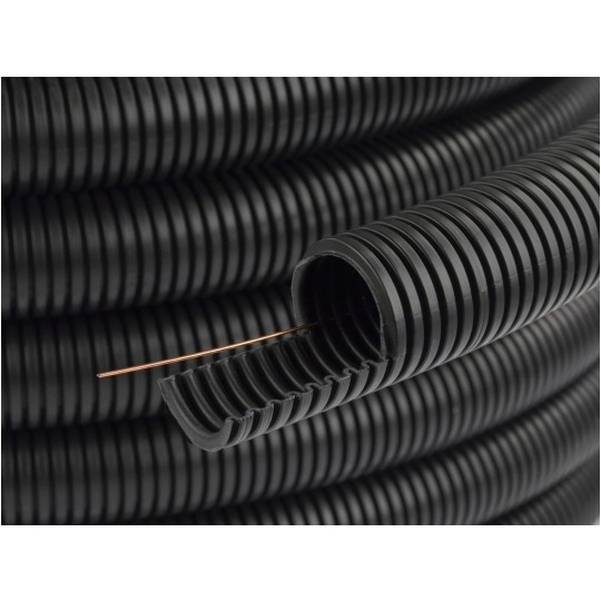 Rura karbowana elektroinstalacyjna RKGS 40/33mm giętka samogasnąca peszel z pilotem 750N PVC UV czarna 25m