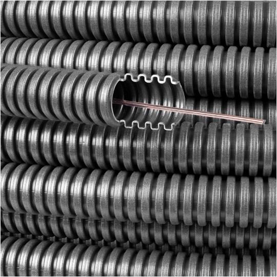 Rura karbowana elektroinstalacyjna RKSSUV 25/20mm giętka samogasnąca peszel z pilotem 750N PVC odporny na UV grafitowy 50m