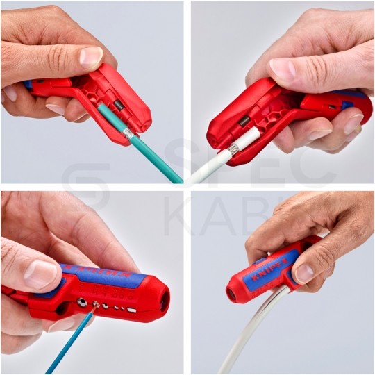 Ściągacz izolacji uniwersalny typu Allrounder do kabli okrągłych 8-13mm oraz koncentrycznych 4,8-7,5mm ErgoStrip dla osób praworęcznych KNIPEX 16 95 01 SB