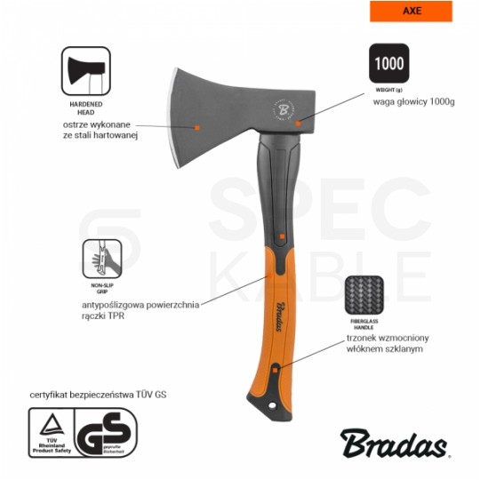 Siekiera 1000g trzonek z włókna szklanego uniwersalna Bradas