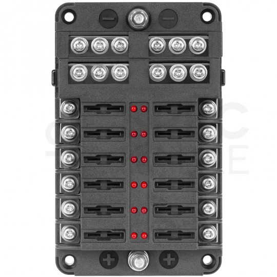 Skrzynka obudowa do bezpieczników samochodowych 32V / 30A 12 polowa z szyną ujemną i LED