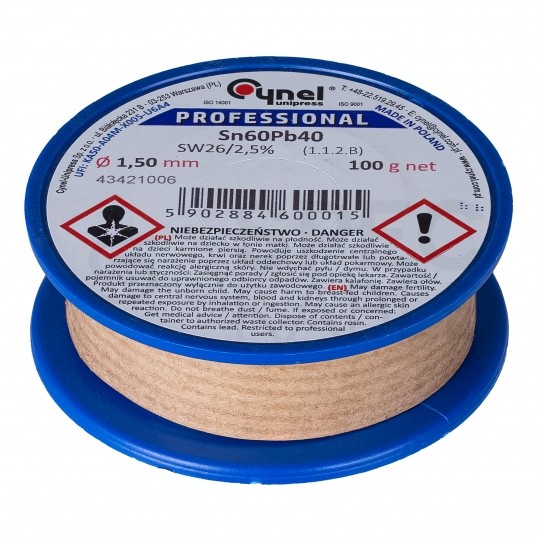 Spoiwo cyna drut lutowniczy szpula 100g / 1,5mm stop Sn60Pb40 CYNEL Unipress LC60-SW26