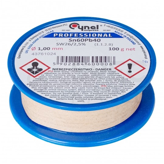 Spoiwo cyna drut lutowniczy szpula 100g / 1mm stop Sn60Pb40 CYNEL Unipress LC60-SW26