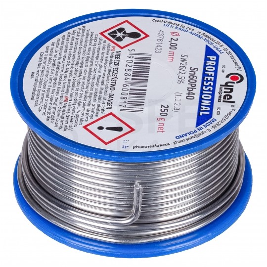 Spoiwo cyna drut lutowniczy szpula 250g / 2mm stop Sn60Pb40 CYNEL Unipress LC60-SW26
