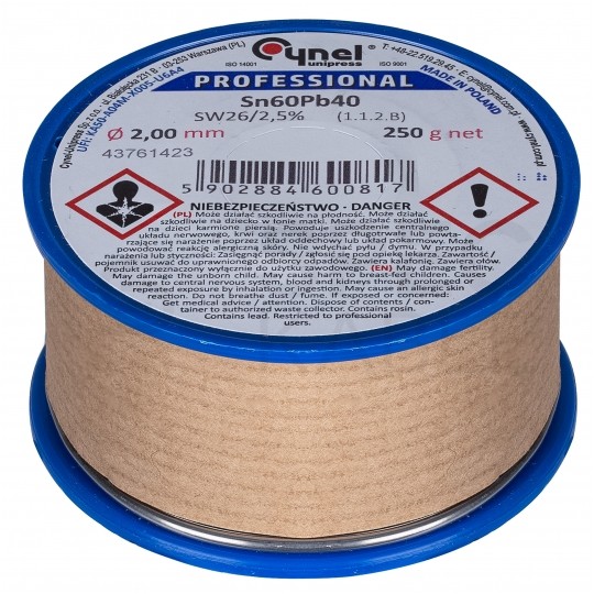 Spoiwo cyna drut lutowniczy szpula 250g / 2mm stop Sn60Pb40 CYNEL Unipress LC60-SW26