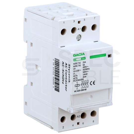 Stycznik modułowy 25A 4NO cewka 230V instalacyjny 4-biegunowy 2-modułowy GACIA