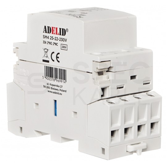 Stycznik modułowy 25A cewka 230V instalacyjny AC 2xNC 2xNO 2-modułowy na szynę TH35 ADELID