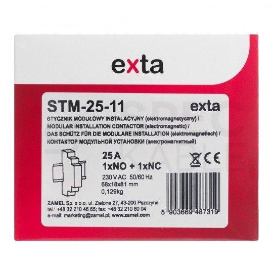 Stycznik modułowy instalacyjny cewka 25A 230V AC 1xNO + 1xNC na szynę TH35 DIN EXTA ZAMEL