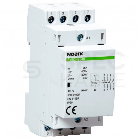 Stycznik modułowy instalacyjny cewka 25A 230V AC 4xNO na szynę TH35 DIN 4-biegunowy 2-modułowy NOARK