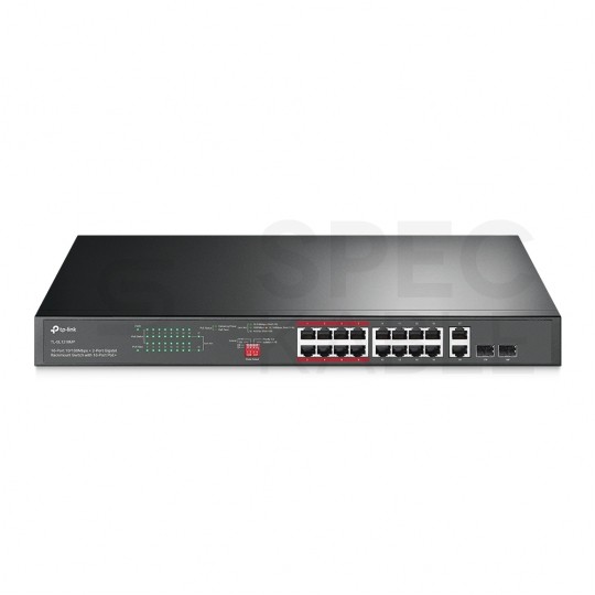 Switch 19" RACK 16x port RJ45 (Fast Ethernet 100Mb/s, w tym 16x PoE+) + 2x port RJ45 (Gigabit Ethernet 1000Mb/s) + 2x port SFP przełącznik niezarządzalny TP-Link TL-SL1218MP