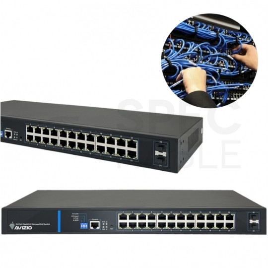 Switch 19" RACK 24x port RJ45 (Gigabit Ethernet 1000Mb/s) + 2x port SFP Uplink 1Gb/s + 1 port konsolowy RJ45, przełącznik zarządzalny L2 AVIZIO