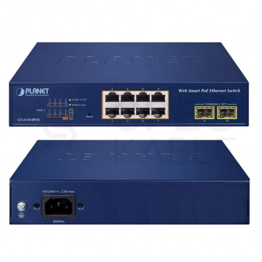 Switch 8xPoE 2xSFP GS-2210-8P2S PLANET 8-portowy przełącznik 10/100/1000T 802.3at PoE + 2-portowy 1000X-SFP Web Smart Ethernet
