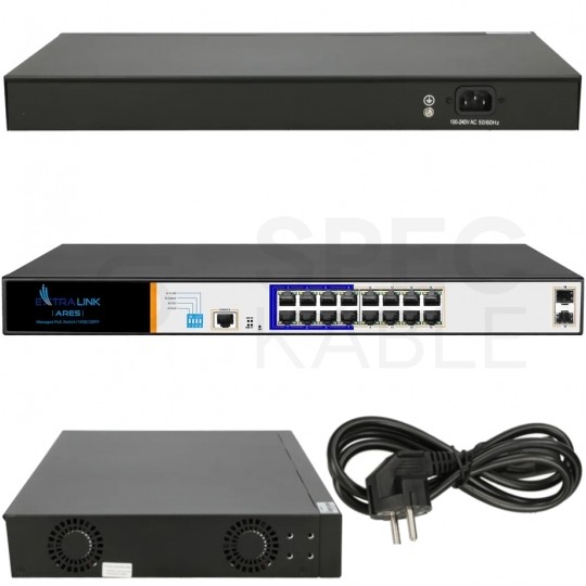 Switch PoE 19" RACK 16x port RJ45 (PoE+ Gigabit Ethernet 1000Mb/s) + 2x port SFP (1Gb/s) przełącznik zarządzalny Extralink Ares