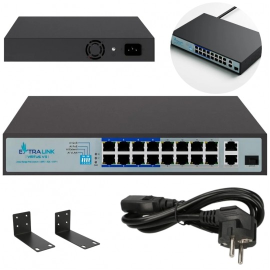 Switch PoE 19" RACK 18x port RJ45 (16x PoE+ Fast Ethernet 100Mb/s + 2x Gigabit 1000Mb/s) + 1x port SFP (1Gb/s) przełącznik niezarządzalny Extralink VIRTUS V3