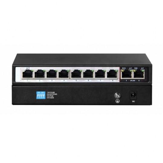 Switch PoE Desktop 10x port RJ45 (Fast Ethernet 100Mb/s, w tym 8x PoE+ i 2x Uplink) przełącznik niezarządzalny Extralink Ceres