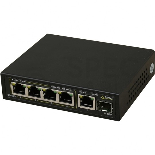 Switch PoE Desktop 5x port RJ45 (Gigabit Ethernet 1000Mb/s, w tym 4x PoE+ i 1x Uplink) + 1x port SFP (1Gb/s Uplink) przełącznik niezarządzalny Pulsar