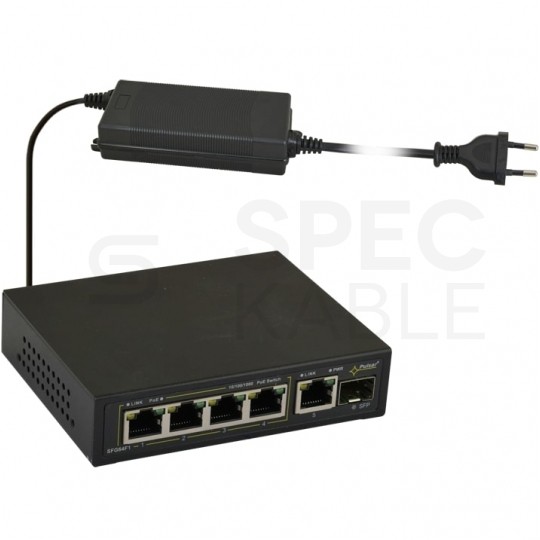 Switch PoE Desktop 5x port RJ45 (Gigabit Ethernet 1000Mb/s, w tym 4x PoE+ i 1x Uplink) + 1x port SFP (1Gb/s Uplink) przełącznik niezarządzalny Pulsar