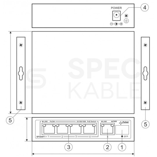 Switch PoE Desktop 5x port RJ45 (Gigabit Ethernet 1000Mb/s, w tym 4x PoE+ i 1x Uplink) + 1x port SFP (1Gb/s Uplink) przełącznik niezarządzalny Pulsar