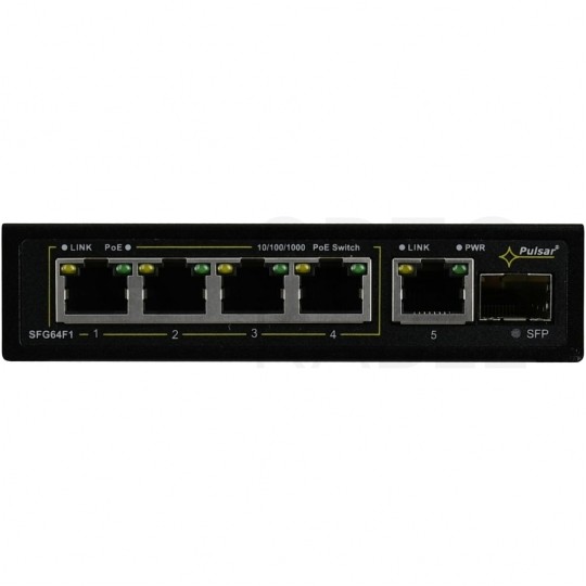 Switch PoE Desktop 5x port RJ45 (Gigabit Ethernet 1000Mb/s, w tym 4x PoE+ i 1x Uplink) + 1x port SFP (1Gb/s Uplink) przełącznik niezarządzalny Pulsar