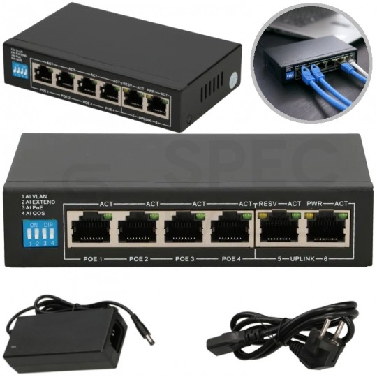 Switch PoE Desktop 6x port RJ45 (Fast Ethernet 100Mb/s, w tym 4x PoE+ i 2x Uplink) przełącznik niezarządzalny Extralink EUROS V2