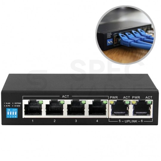 Switch PoE Desktop 6x port RJ45 (Gigabit Ethernet 1000Mb/s, w tym 4x PoE+ i 2x Uplink) przełącznik niezarządzalny Extralink Krios