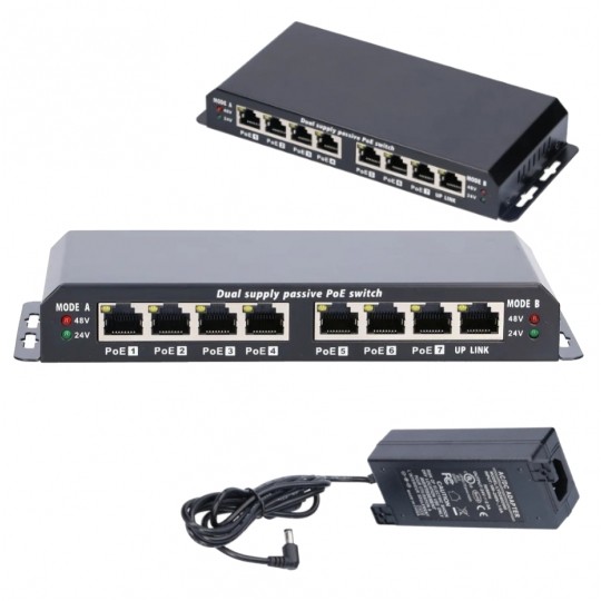 Switch PoE Desktop 8x port RJ45 (Fast Ethernet 100Mb/s, w tym 7x PoE i 1x Uplink) przełącznik niezarządzalny Extralink 8-7 PoE