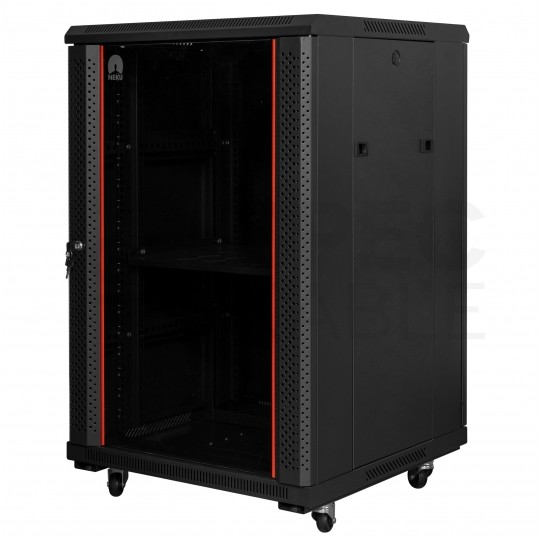 Szafa stojąca RACK 19" 18U 600x800mm drzwi szklane czarna (złożona) NEKU FLR + wyposażenie