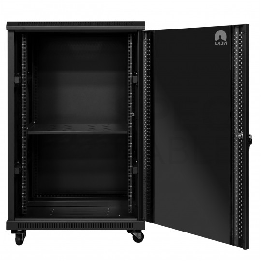 Szafa stojąca RACK 19" 18U 600x800mm drzwi szklane czarna (złożona) NEKU FLR + wyposażenie