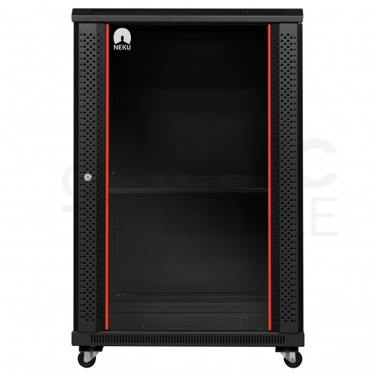 Szafa stojąca RACK 19" 18U 600x800mm drzwi szklane czarna (złożona) NEKU FLR + wyposażenie