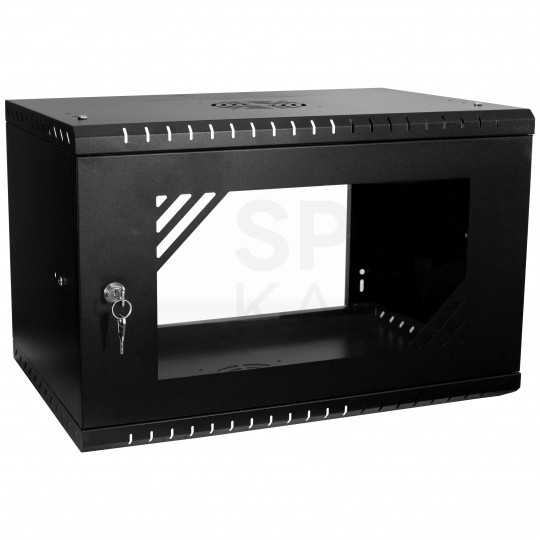 Szafa wisząca RACK 19" 6U 350mm drzwi szklane czarna z półką i maskownicą PRO LIGHT