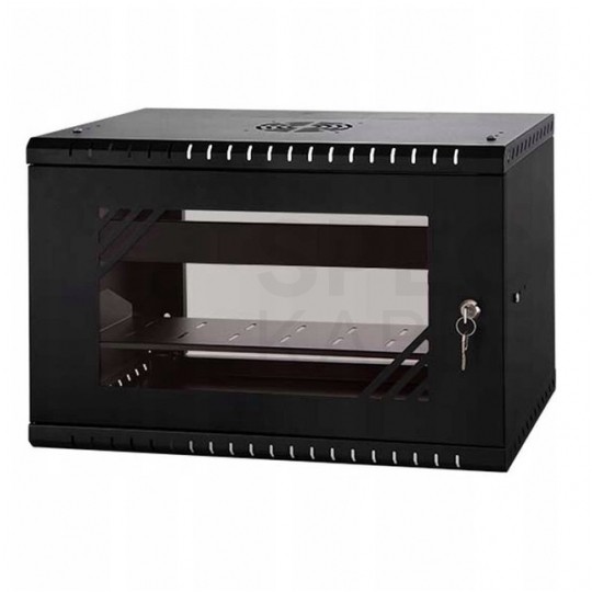 Szafa wisząca RACK 19" 6U 350mm drzwi szklane czarna z półką i maskownicą PRO LIGHT